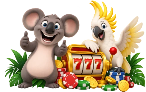 Koala and cockatoo celebrating a 777 jackpot at Fair Go Casino